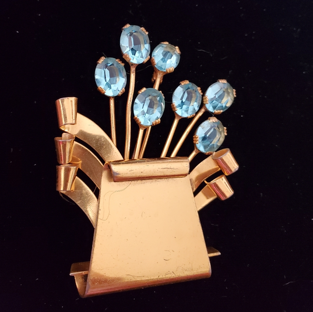 Large Sterling Craft by Coro Art Deco Vermeil Flower Pot Brooch Vintage 1940's